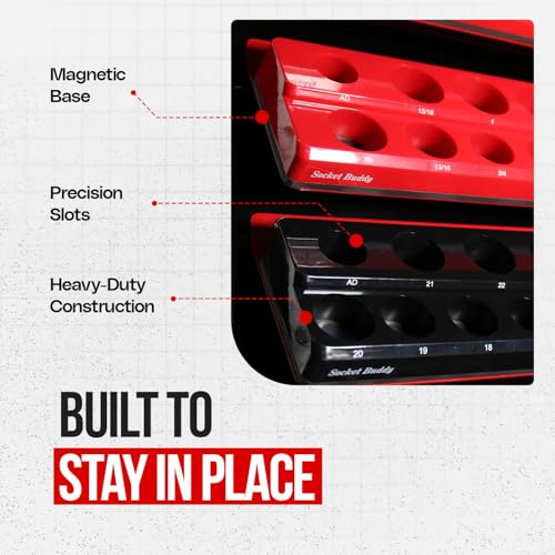 Socket Buddy Magnetic Socket Organizer Set, 6PCS Socket Holder,1/8" to 1-1/4" Sockets Holds 143 Pieces Magnetic Sockets Trays (Black&red)