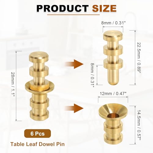uxcell 6Pcs Table Leaf Dowel Pin, 8x12x28mm Brass Table Top Leaf Alignment Pins Desk Bolt Sleeve Connectors for Furniture Cabinet Wooden Box, Gold Tone - size: 8x12x28mm