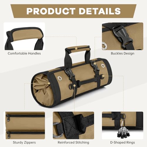 ANILD 15.5 Inch Extra Long Tool Bag Roll Up, Roll Up Tool Bag Organizer - color: Khaki, size: Large