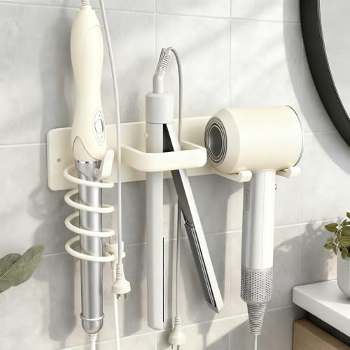 Hair Dryer Holder Wall Mounted Blow Dryer Holder Curling Iron Holder Straightener Holder 3 in 1 Bathroom Metal Hair Tool Organizer Rack (Pure White) - color: Pure White