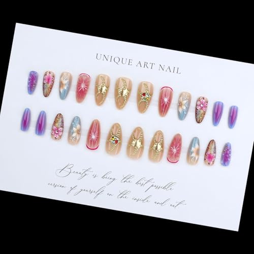 LPOODDNU 3D Colorful Flower Press on Nails - Almond Medium Fake Nails with Rose Pink Gradient Gold Bead Designs, Glossy Finish Reusable False Nails with Glue Tabs - 24Pcs Nail Kit for Women Manicure - color: colorful gold 3d flower