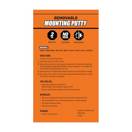 Gorilla Removable Mounting Putty Reusable & Repositionable Adhesive 84 Count Pre-Cut Squares (Pack of 3) Holds 2 lbs Back to School Supplies for Teachers Students Parents, Indoor Outdoor - size: 252 Squares