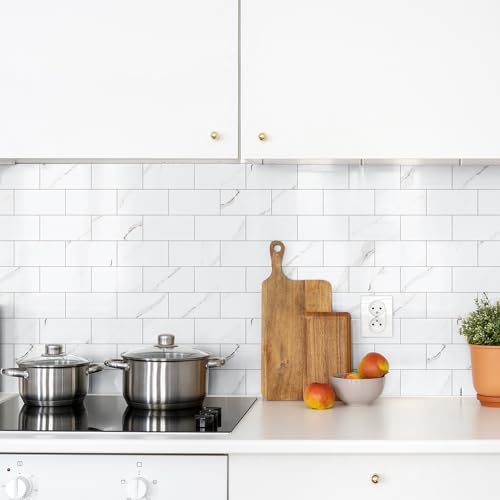StyloVue 100 Pieces Peel and Stick Backsplash for Kitchen, 3" x 6" PVC Subway Tile 2026 Upgraded Glossy White Marble with White Grout Backsplash Stick on Tile Elevate Kitchen Fireplace RV - color: Glossy White Marble