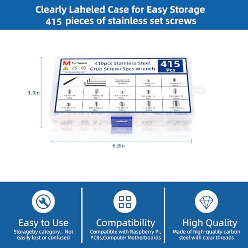 415PCS Allen Head Set Screws Assortment Kit, Imperial Hexagon Socket Hex Grub Set Screws, Includes 5 Hex Keys & 1 Tweezer, for Bathroom Fixtures, Furniture, DIY and Repair (1/8"-40 to 5/16"-18)