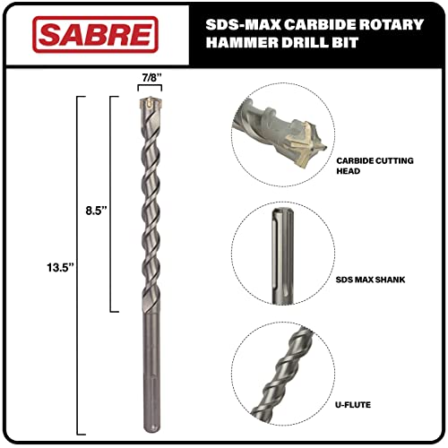 Sabre Tool 7/8 Inch x 13 Inch SDS MAX Rotary Hammer Drill Bit, U-Flute, Carbide Tipped for Brick, Stone, and Concrete (7/8" x 8.5" x 13") - size: 7/8" x 13"