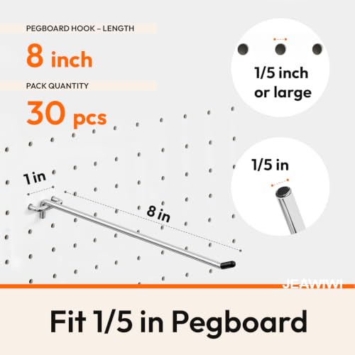 JEAWIWI 30 Pcs Metal Pegboard Hooks, 8 Inch Fit 1/5 in Peg Board - size: 8in 30pcs