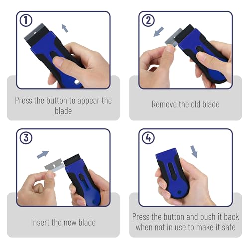 Bates- Razor Blade Scraper Tool, 2 Pack, 30 Extra Stainless Steel Blades, Anti-Slip Ergonomic Handle Design, Razor Scraper Set for Cleaning Window, Paint, Oven, Glass, Stove - color: Black & Blue