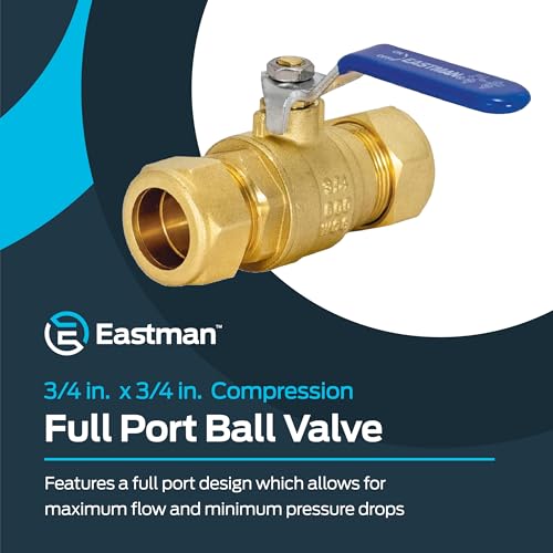 Eastman Full Port Ball Valve, 3/4 x 3/4 Inch Compression Ends, Brass Inline Water Shut-Off Valve, 20097LF - size: 3/4 in.