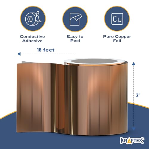 Kraftex Copper Tape [2 Inch x 33ft]. Conductive Adhesive use as Copper Tape for Slugs, Copper Shielding Tape for Guitars, Faraday Tape or Copper Flashing roll. - size: 2" × 33 ft