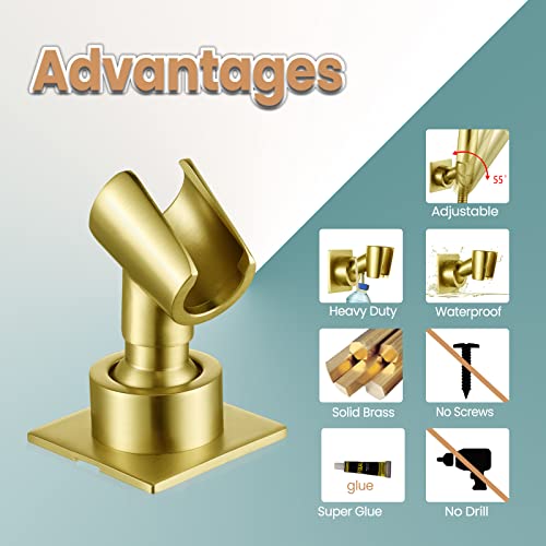 Shower Head Holder Handheld Shower Wand Holder Adjustable Shower Head Bracket Shower Wall Mount Holder, Brushed Brass/Gold Finish, Drill Free Glue Installation - color: Gold