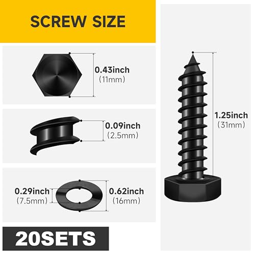 (20Sets) 1/4" x 1-1/4" Hex Head Lag Bolts, Heavy Duty Lag Screws with Washers, 304 Stainless Steel Bolts 18-8, Lag Screws Wood Screws, Fully Thread Black Oxide, 1/4 Bolt by Mywish - size: 1/4 x 1-1/4" (20 set)