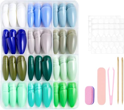 288Pcs Press on Nails Medium Almond Fake Nails with 12 Solid Color False Nails Reusable Acrylic Artificial Nail Glossy Full Cover Nails Press ons Kit for Women Girls Manicure - color: Style-24