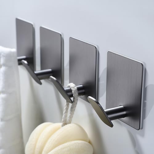 DELITON Towel Hooks for Bathrooms - 4 Pack Adhesive Wall Hooks Heavy Duty No Damage, Coat Robe Sticky Hooks for Hanging Waterproof SUS304 Stainless Steel, Grey - color: Gray
