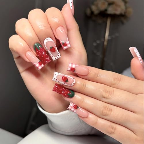 Strawberry Press On Nails Long Square 24pcs, Cute Fruit False Nails with Red Strawberry 3D Design, Pink Gingham French Tips Fake Nails, Glossy Stick On Acrylic Nails Reusable Nail Kit for Women Girls - color: 35-Nude Strawberry