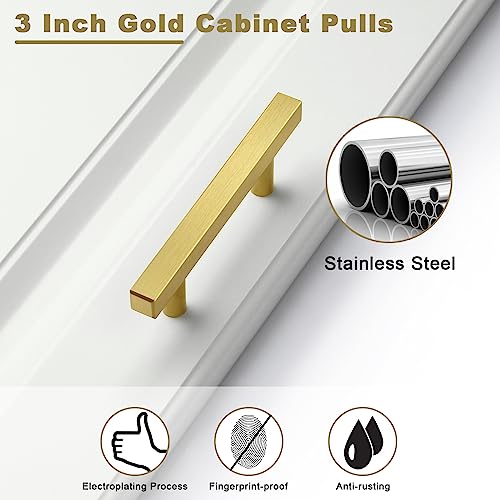 Estmoon 30 Pack Brushed Brass Cabinet Handles 3 Inch Gold Cabinet Pulls Modern Square Drawer Pulls Brass Gold Dresser Pulls Hardware Kitchen Handles for Cabinets and Drawers, 5" Total Length - color: Brushed Brass