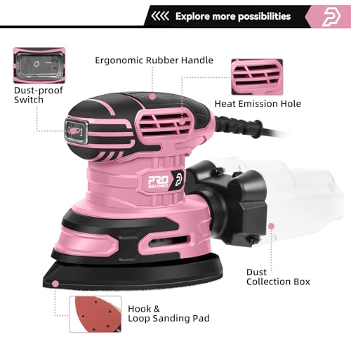 Prostormer Detail Sander, 13000RPM Mouse Sander, 1.6A Electric Palm Sanders - color: Pink