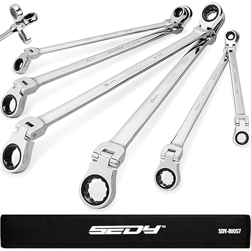 Extra Long Flex-Head Ratcheting Wrench Set, Anti-Slip 6-Piece Double Box End Wrench Set, 72-Teeth, Metric 8-19mm, CR-V Steel Wrench with Rolling Pouch - color: 6-pc Extra-long (Flex-head)