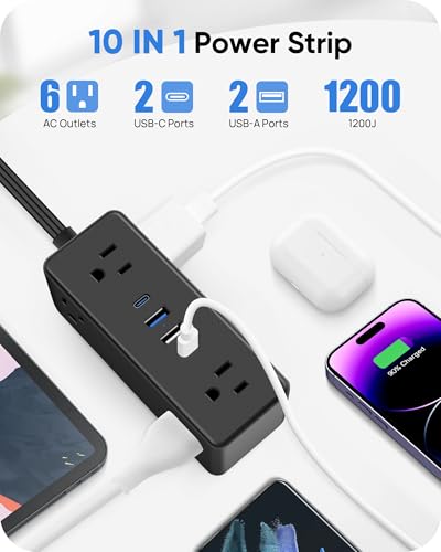 Electrical Outlet Extender Stick, Features 4 USB & 6 Outlets - color: Black, size: 19in