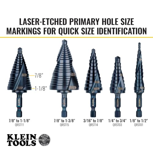 Klein Tools QRST11 Step Drill Bit, Quick Release Spiral Double-Fluted, 7/8 to 1-1/8-Inch, Hex Shank, Cut Steel, Wood, Plastic, Aluminum - size: 7/8 to 1-1/8-Inch, style: Quick Release