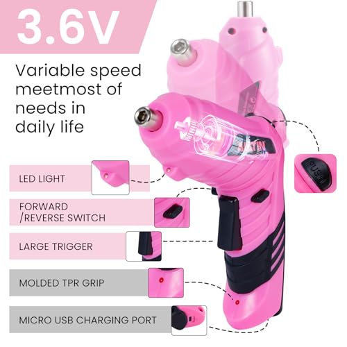 Pink Tool Set for Women, 136 PCS Household Tool Kit with 3.6V USB Electric Screwdriver, Cordless Lithium-ion Drill Driver, Home Improvement Hand Tools for DIY Projects