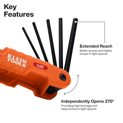 Klein Tools 70550 Hex Wrench Key Set, 11 SAE Sizes, Heavy Duty Folding Allen Wrench Tool with Extra Long Hex Keys - style: 11-Key SAE