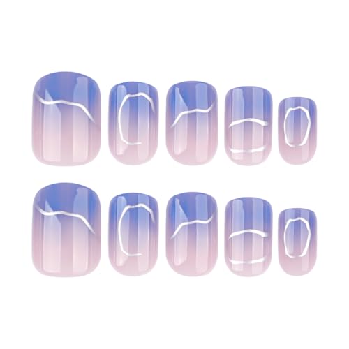 Mivota Short Square Press On Nails blue Nude Gradient False Nails with Silver Streaks Acrylic Press in Nail Gel Stick On Nails Set Glue on Nails for Women & Girls 24Pcs - color: 29-Blue gradient silver lines