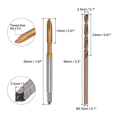 uxcell M3 x 0.5 Spiral Point Thread Tap and 2.5mm Drill Bit Set, Metric Titanium Plated Cobalt High Speed Steel Machine Screw Thread Tap Threading Tool - size: M3 x 0.5 + 2.5mm