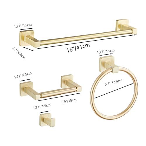 Brusehd Light Gold Bathroom Hardware Set 4 Pieces,Towel Bar Set Stainless Steel Wall Mounted, Includes 16In Hand Towel Bar, Towel Ring, Robe Towel Hooks,Toilet Paper Holder, Bathroom Towel Rack Set… - color: Brusehd Light Gold-4pcs, size: 16Inch