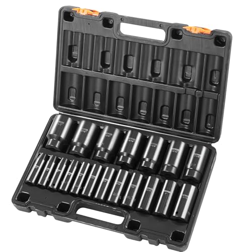 VEVOR Impact Socket Set, 1/2" 19 Piece Impact Sockets, Deep Socket, 6-Point Sockets, 1/2 Inches Drive Socket Set Impact 3/8 inch - 1-1/2 inch, Cr-V Rugged Construction, with a Storage Cage - size: 1/2" 19 PCS