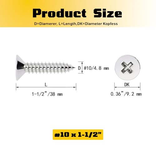 #10 x 1-1/2 inch Flat Head Wood Screws, 304 Stainless Steel Phillips Drywall Screws and Tapping Screws, High Hardness Screws for Drywall, Sheetrock, Wood (50 Pcs) - size: #10 x 1-1/2"