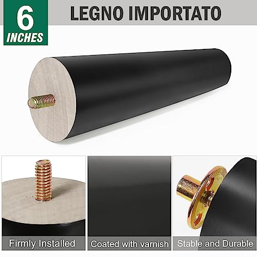 FoDau770 Rubber Wood Legs 6", Straight Taper, 5/16"-18 Thread, Black, 4pcs | Wood Couch legs - Mid Century Sofa Legs - Furniture legs Replacement for Cabinet Dresser Chair Ottoman - color: Black, size: 6 Inch - Straight (90°)