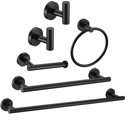 6 Pieces Matte Black Bathroom Hardware Accessories Set Hand Towel Ring 16&23.6 inch Round Towel Bar Silver Toilet Paper Holder Towel Hooks 2 Pieces SUS 304 Stainless Steel,Heavy Duty,Wall Mounted - color: Matte Black, size: 6 piece 24"