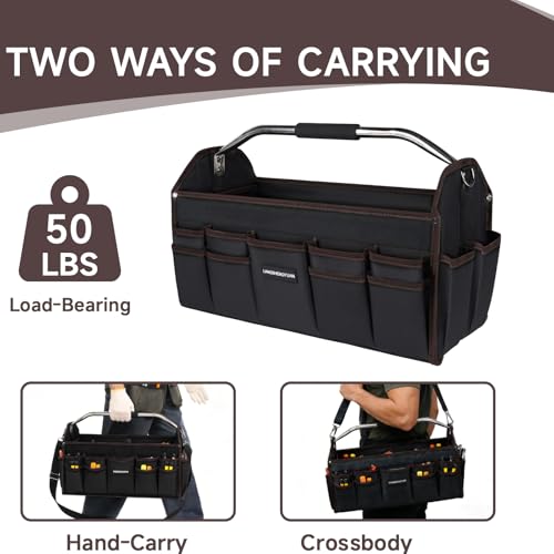 20 In Tool Carrier, Open Top Tool Tote 30 Pockets, Waterproof Tool Bag For Men, Foldable Wide Mouth Electricians Tool Bag, With Stainless Steel Handle and Removable Shoulder Strap - size: 20IN