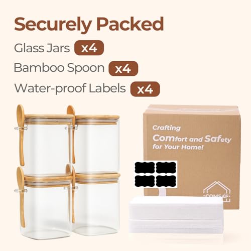 ComSaf Glass Container with Spoon & Lid 0.8 Qt, 4 Pack Glass jar with spoon | Coffee and Sugar Container Set, Coffee Bar, Salt Jar, Bamboo Lid with Silicone Seal, Spice, Seasoning Canister, BPA Free - size: 0.8Qt*4