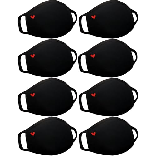 Black Dust Face Mask - All Cotton - Reusable Cloth Comfy Fabric Mask | for Adults Women Outdoor Sport Travel, Washable Breathable Half Face Cloth Mouth Masks with Earloop - color: Pack 8 Heart Without Nose Wire