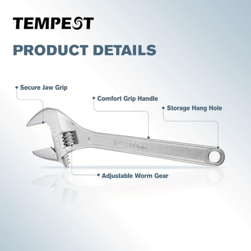 Tempest 12 Inch Adjustable Wrench with Laser Etched SAE and Metric Scales, Carbon Steel Heavy Duty Leverage Shifter Spanner with Smooth Worm Gear for Large Pipe Repairs and Mechanical Tasks - size: 12 Inch