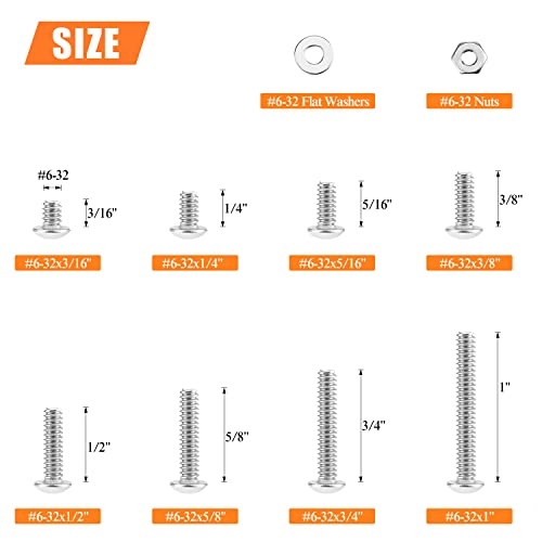 HELIFOUNER 250 Pieces #6-32 x 3/16" 1/4" 5/16" 3/8" 1/2" 5/8" 3/4" 1", Button Head Socket Cap Screws Bolts Washers Nuts Kit, Coarse Thread, Fully Machine Threaded, 304 Stainless Steel - size: #6-32, style: Button Head