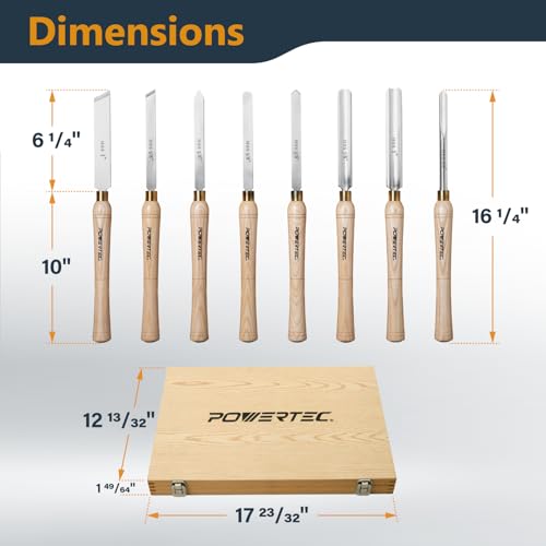 POWERTEC 8 Pcs Wood Lathe Chisel Set, HSS Steel Blades Wood Lathe Tools | Spindle Gouge, 2 Pcs Roughing Gouge, Spear Scraper, Round Nose Scraper, Parting Tool, 2 Pcs Skew Chisel (71824) - style: 8pcs set