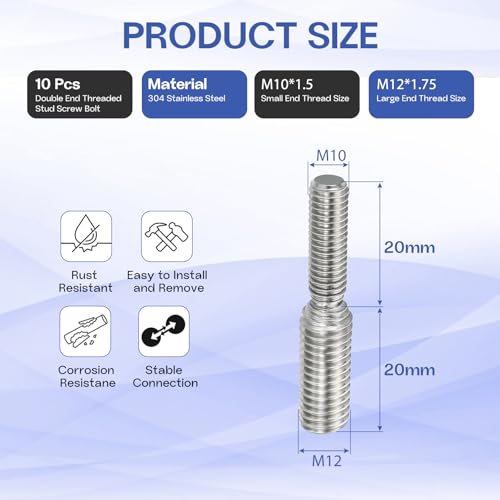 M10x20mm to M12x20mm Double End Threaded Stud Screw Reducing Bolt,304 Stainless Steel Thread Reducer Adapter for Furniture Fastener Welding, Hardware Connectors 10 Pack - size: M10x20mm to M12x20mm