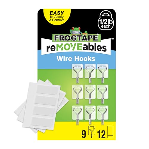 FrogTape reMOVEables Small Wire Hooks - 9 Clear Hooks & 12 Adhesive Strips - Holds up to 0.5 lb - Damage Free Adhesive Hook - Removable & Reusable Wall Hooks for Hanging - No Nails (Pack of 9) - color: Clear, size: Pack of 9, style: Small