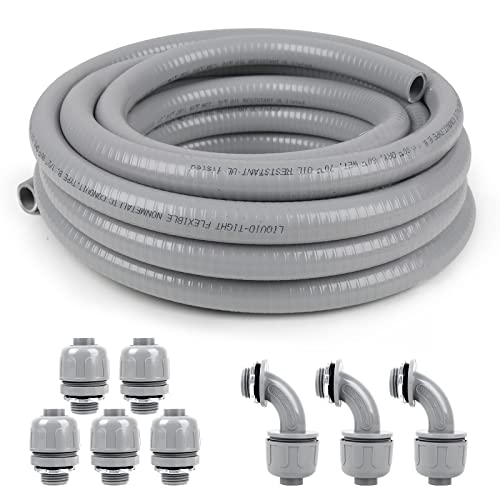 3/4inch 100ft Liquid-Tight Conduit and Connector Kit,Flexible Non Metallic Liquid Tight Electrical Conduit Kit with 5* Straight and 3 * 90-Degree Connector Fittings,3/4 in. Dia - size: 3/4inch 100ft