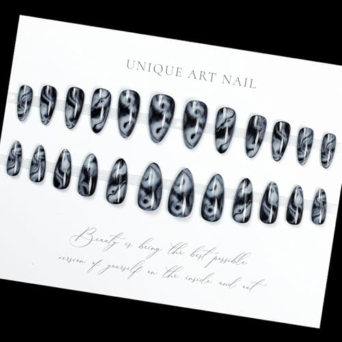 LPOODDNU Almond Press on Nails - Medium Black Fake Nails with Marble Designs, Glossy Finished Reusable False Nails with Double Adhesive Glue Tabs - 24Pcs Nail Kit for Women Manicure - color: black marble