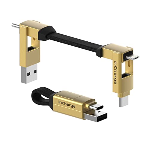 Rolling Square inCharge 6 - Keychain USB C Charger Cable, Lightning Cable and Micro-USB for Smartphone, Universal Cable Charger 6 in 1, USB Plug, 15W, Gold - color: Gold