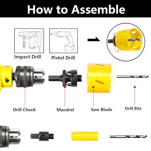 9 pcs M3 Bi-Metal Hole Saw Set, High Speed Steel Hole Saw Kit with 7/8"-2-7/8" (22-73mm) 6 pcs Hole Saw Blades, Boxed with Arbor, Drill Bit, Hex Wrench, Suitable for Metal, Wood, Plastic - color: Yellow