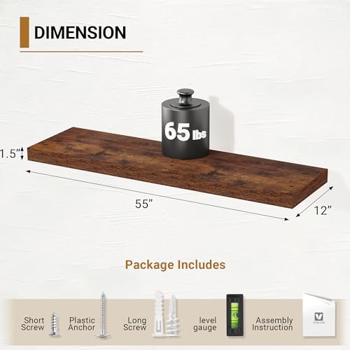 Vivelove 55x12 Floating Shelves 12 Inches Deep, Rustic Brown, Set of 2 - color: Rustic Brown, size: 55”wx12”dx1.5”h