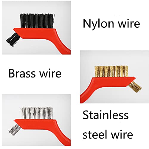 Wire Brush Set for Cleaning Rust Removal in Holes, 3pcs Brass/Stainless Steel/Nylon Brushes - color: Red