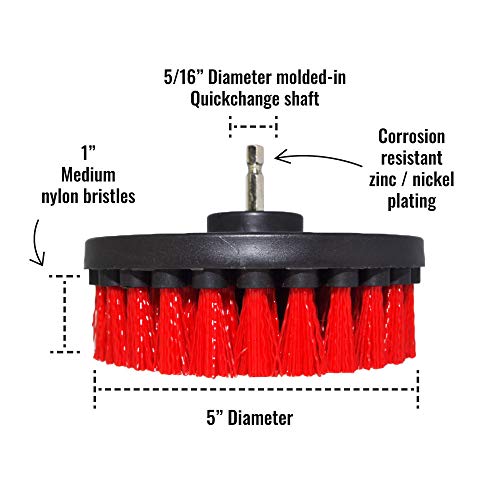 Premium Drill Brush Professional – Stiff 5-Piece Set (5/4/3.5/2 in Brushes + 6 in Extension) | Scratch-Free Heavy-Duty Outdoor Cleaning for Patio, Decking, Garden Tools and Stone Surfaces - color: Red