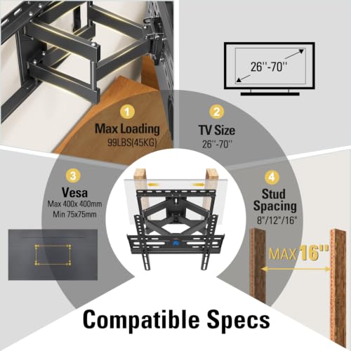 Mounting Dream Full Motion TV Wall Mount for 32-70 Inch TVs up to 99lbs - size: For 32" to 70" TVs, 16" Studs