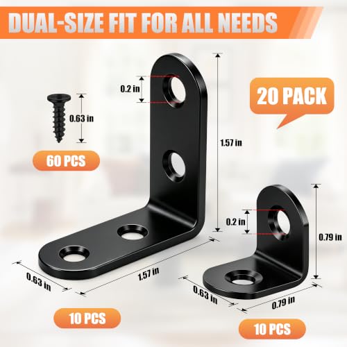 20PCS L Bracket Corner Brace, 2 Sizes Black Stainless Steel Corner Brackets
