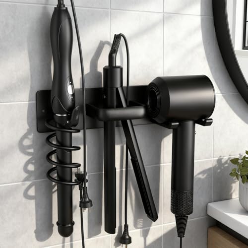 Hair Dryer Holder Wall Mounted Blow Dryer Holder Curling Iron Holder Straightener Holder 3 in 1 Bathroom Metal Hair Tool Organizer Rack（Matte Black） - color: Black